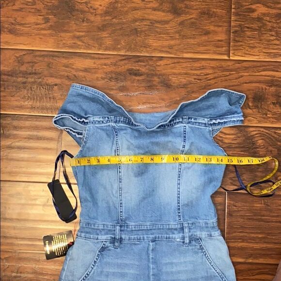 Bebe Off The Shoulder Denim Distressed Romper Contemporary Feminine Festival - Picture 10 of 16